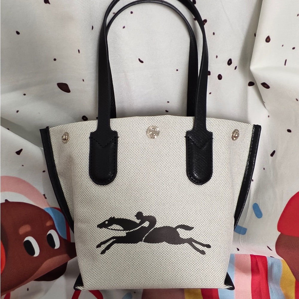Longchamp Cream and Black Canvas Tote with Equestrian Motif